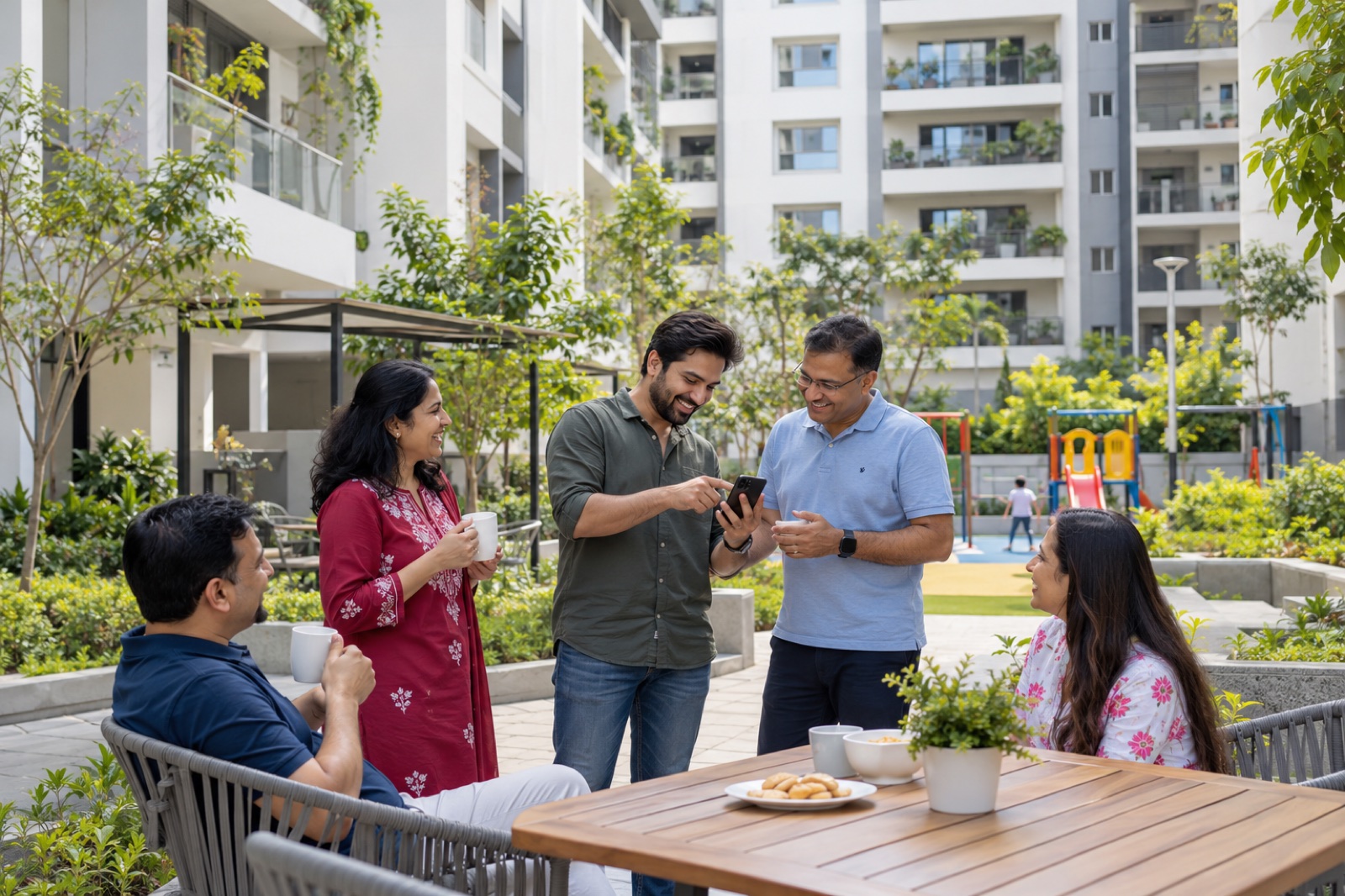 Neighbours connecting in a residential society courtyard